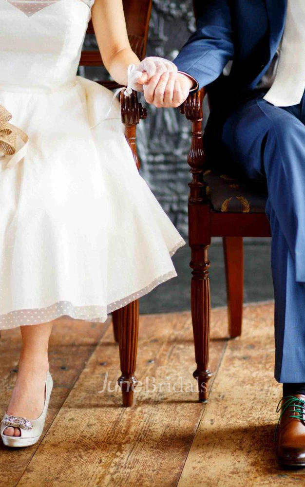 Cute Dotted Tea-Length A-Line Wedding Dress With Illusion Neckline