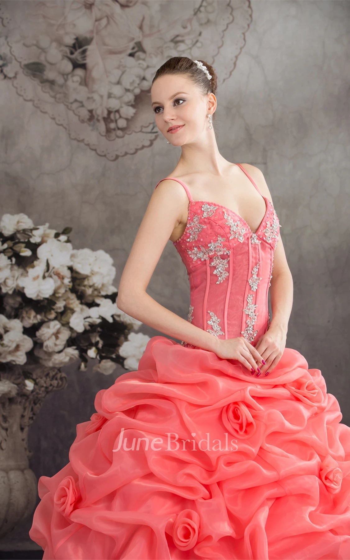 Spaghetti-Strap Ruffled Ball Gown with Appliques and Spaghetti-Straps