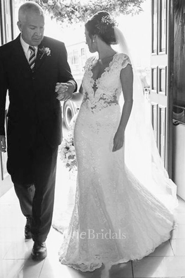 Cap Sleeves Sexy Mermaid Lace Bridal Gown Illusion Tulle Back With Court Train