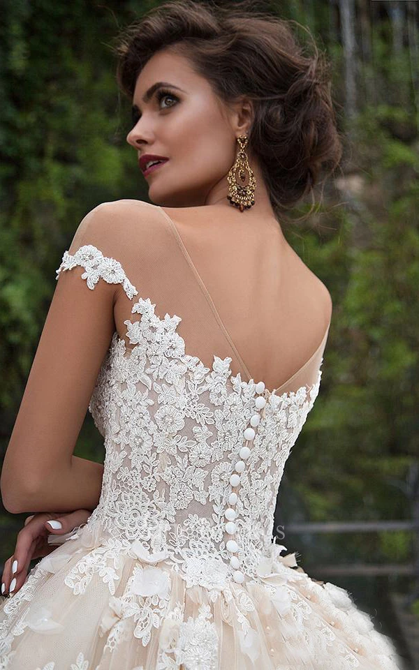 Ball Gown Mini Jewel Bell Illusion Beading Appliques Flower Illusion Flower Chapel Train Button Illusion Tulle Lace Dress