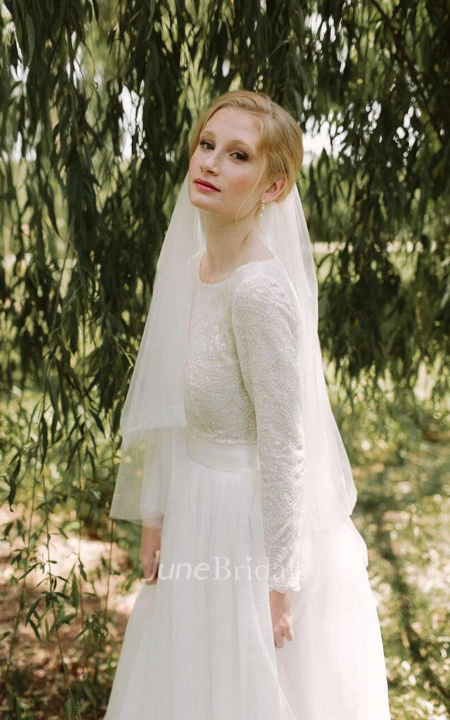 Scoop Long Sleeve Tulle Dress With Sequin Lace Top