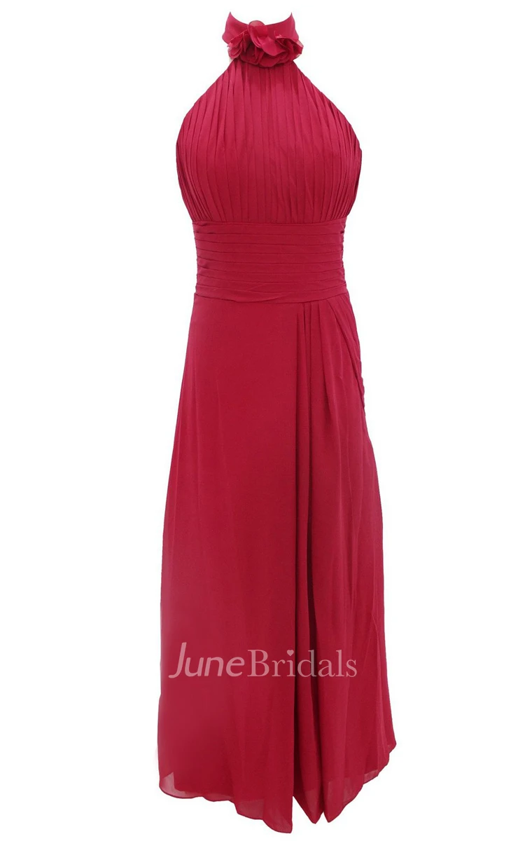 Floral Halter Pleated A-line Gown With Ruched Band