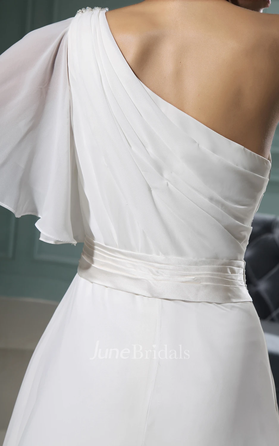 Ethereal A-Line Chiffon Gown With Sating Sash And Ruching