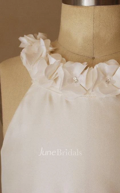 Sleeveless Floral Neckline Cream Bubble Satin Dress