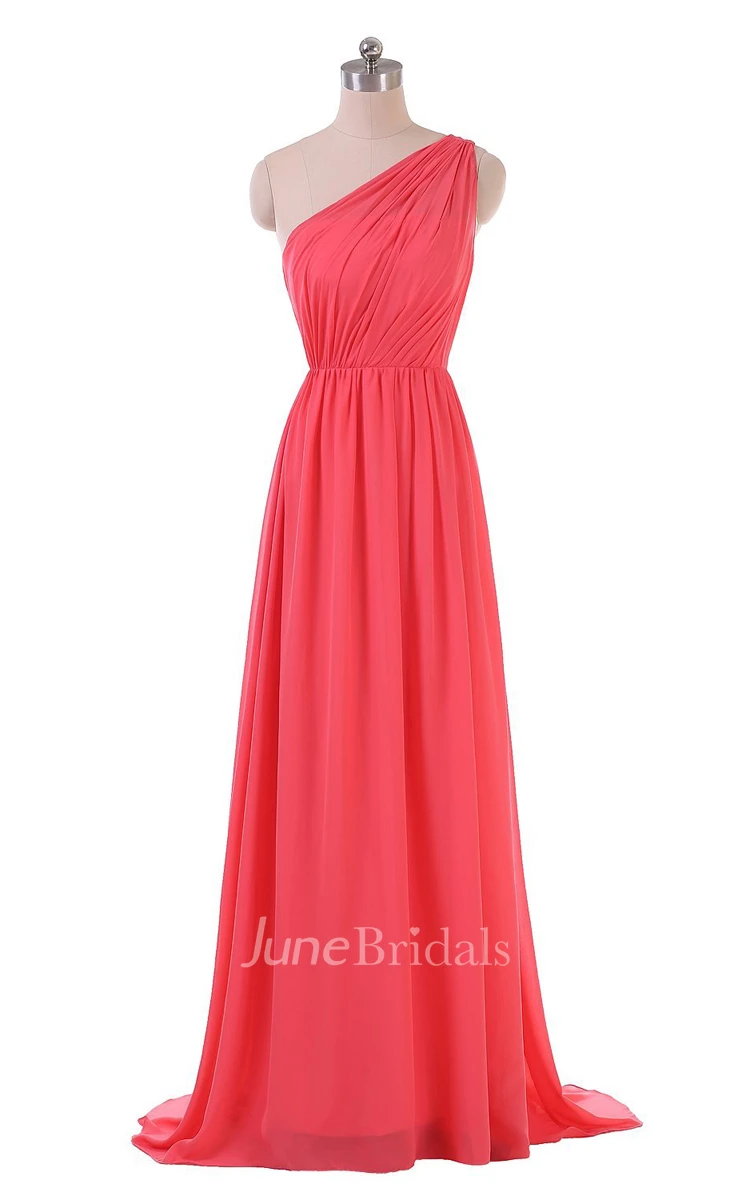Chic One-shoulder Pleated Chiffon A-line Gown With Train