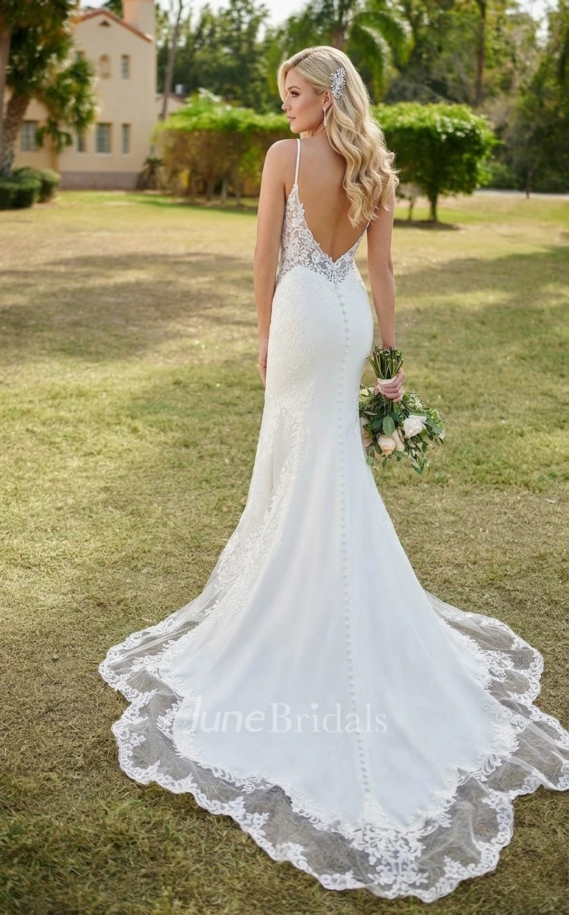 Mermaid Plunging V-neck Spaghetti Sexy Elegant Floor-length Sleeveless Beach Country Spring Wedding Dress with Lace Appliques Open Back