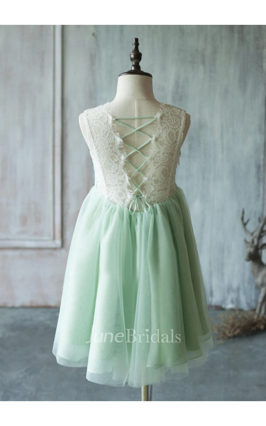 Dusty Shale Sleeveless Lace-up Lace and Mesh Beading Dress Girl Dress