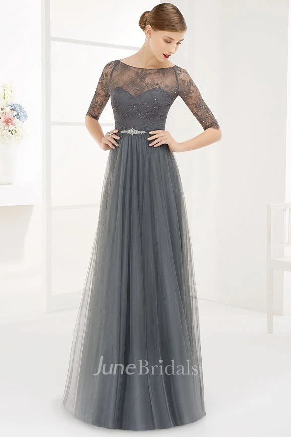 Bateau Half Sleeve Tulle Long Prom Dress With Lace Top And Crystal Waist