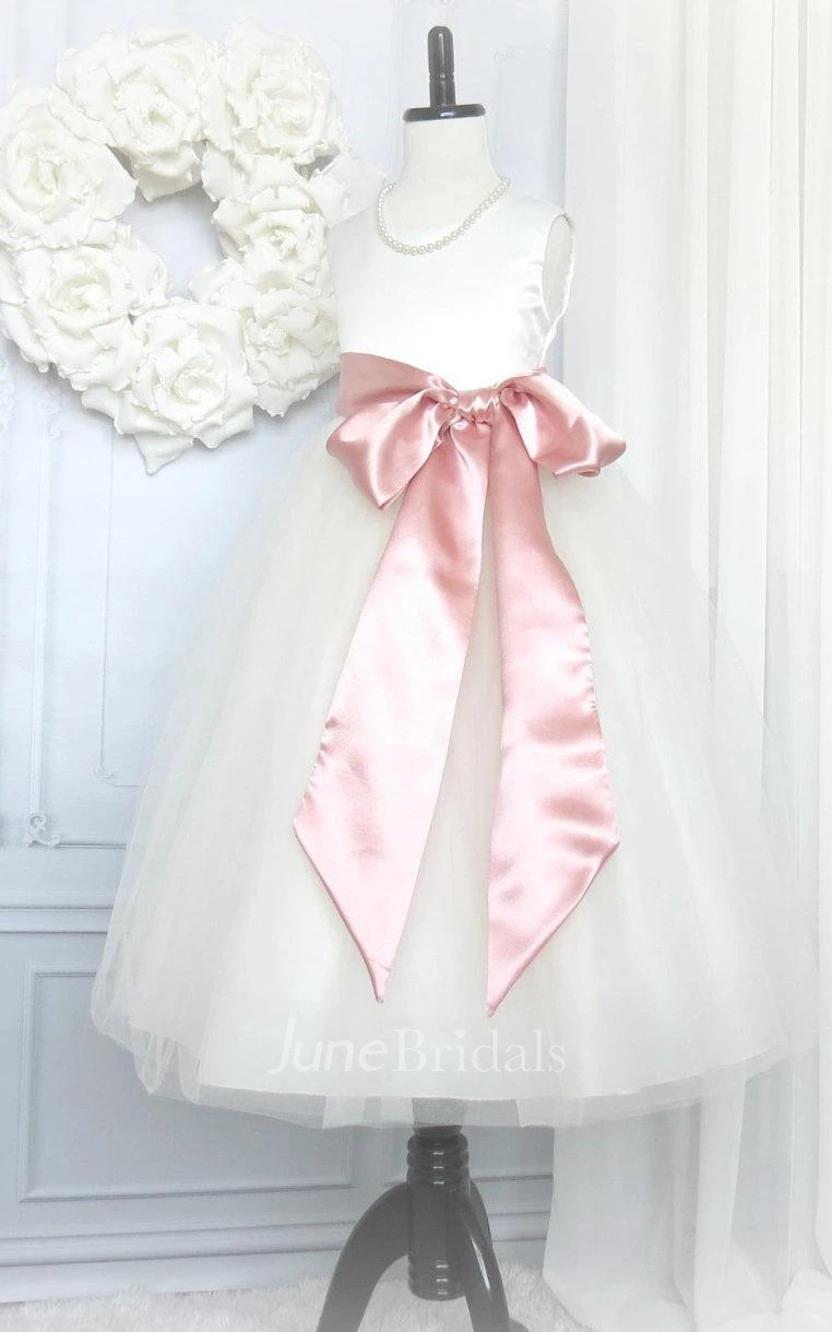 First Communion Sleeveless Jewel Neck Tulle Flower Girl Dress