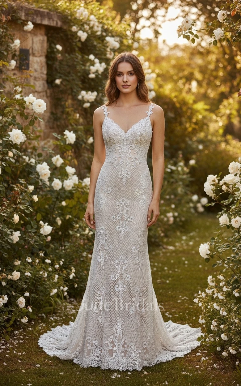 Vintage Elegant Boho Spaghetti Strap Fit and Flare Warm Wedding Dress Country Beach V-Neck Low Back Full Lace Train Bridal Gown