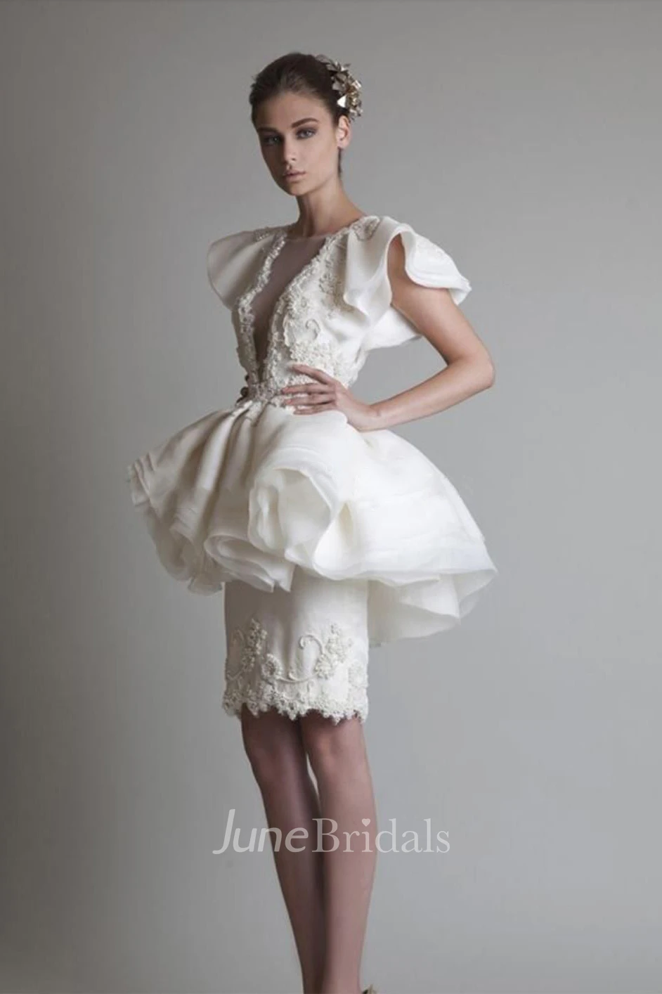Sheath Jewel Short Sleeve Appliques Ruffles Peplum Knee-length Organza Lace Homecoming Dress