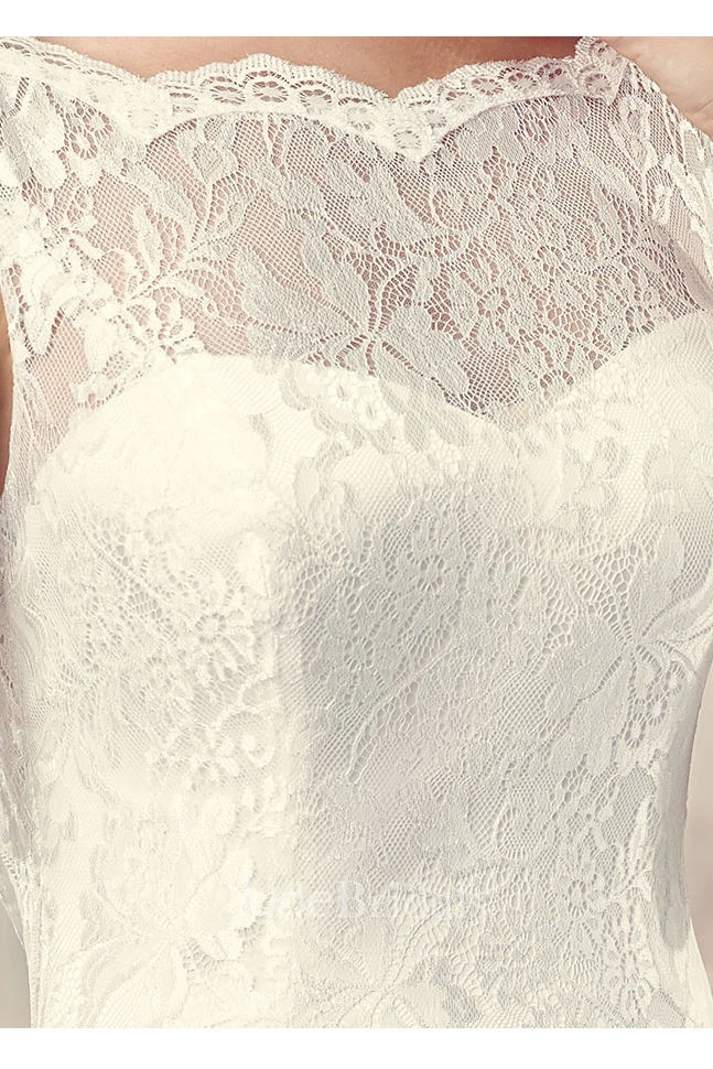 Maxi Bateau Jeweled Lace Wedding Dress With Sweep Train And V Back