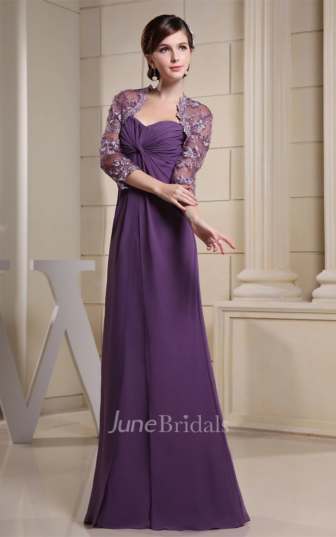 Ruched Sweetheart A-Line Floor-Length Dress with Detachable Scalloped Jacket