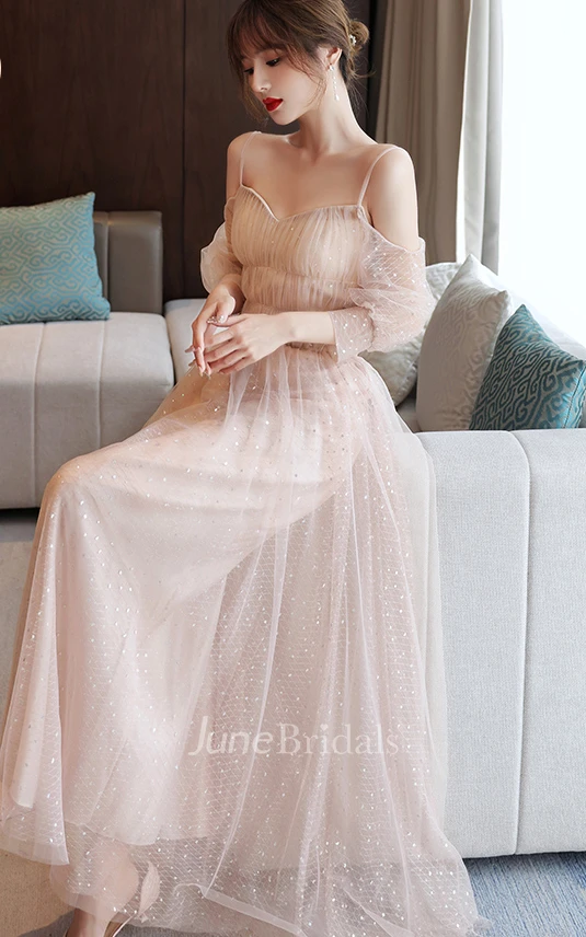 Simple Tulle Off-the-shoulder Square V-neck A Line Evening Formal Dress With Ruching