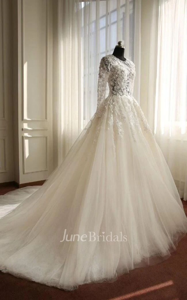 A-Line Long Long Sleeve Bell Beading Appliques Flower Zipper Keyhole Tulle Lace Dress