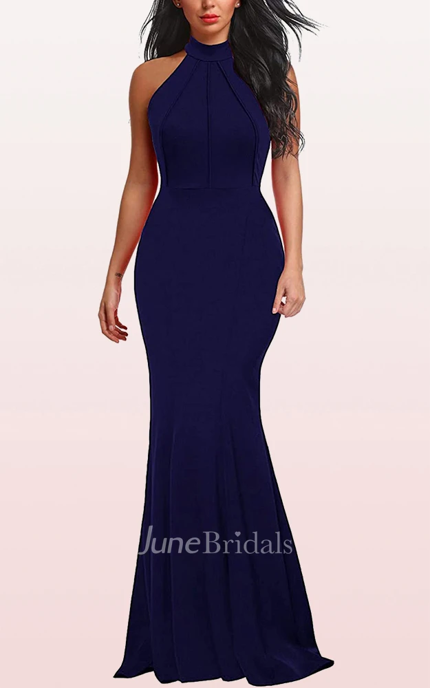 A Line Halter Jersey Sleeveless Prom Evening Dress With Ruffles
