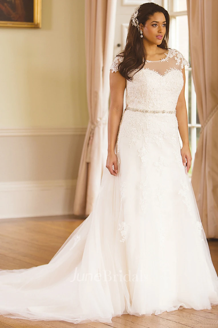 Jeweled Scoop-Neck Cap-Sleeve Lace Plus Size Wedding Dress