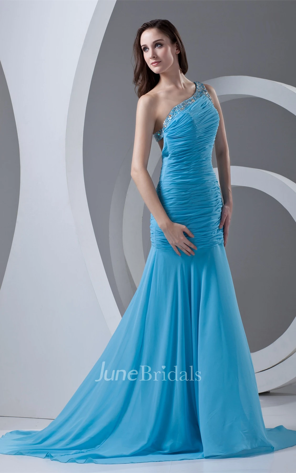 One-Shoulder Column Beaded Dress with Ruched Bodice