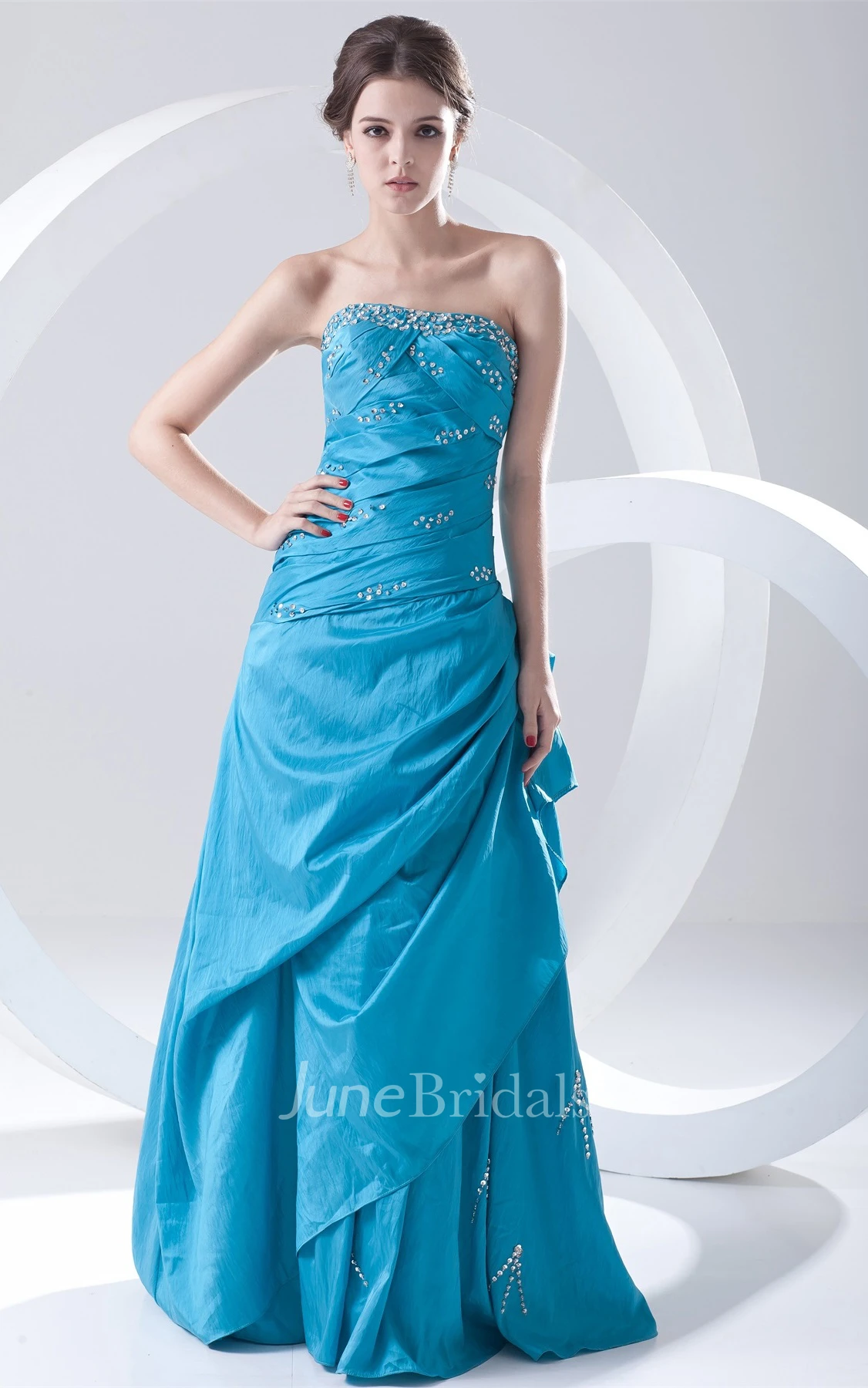 Strapless Pick-Up Taffeta Gown with Beading and Ruching