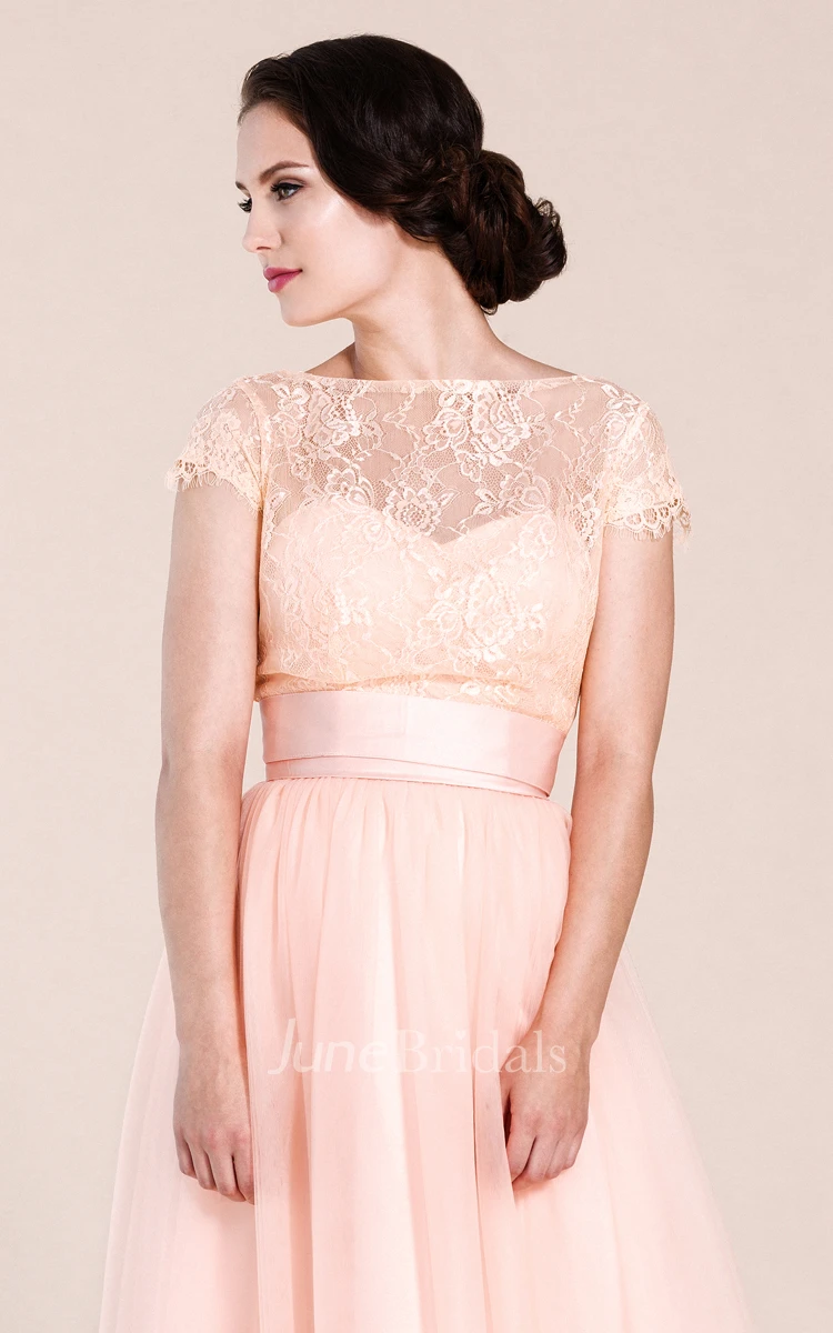 Short-sleeved A-line Long Dress With Illusion Neckline