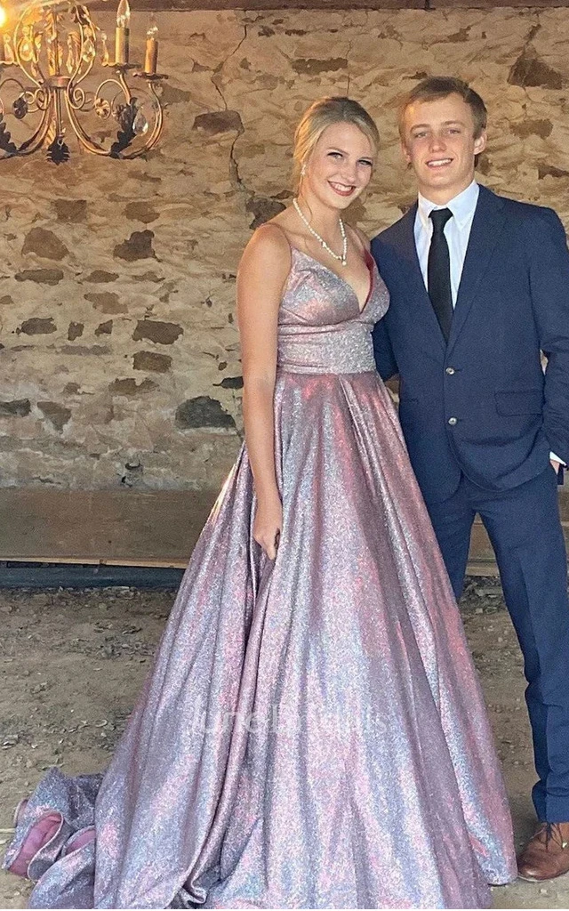 Romantic A Line Sequins Floor-length Evening Dress With Open Back And Spaghetti Neckline