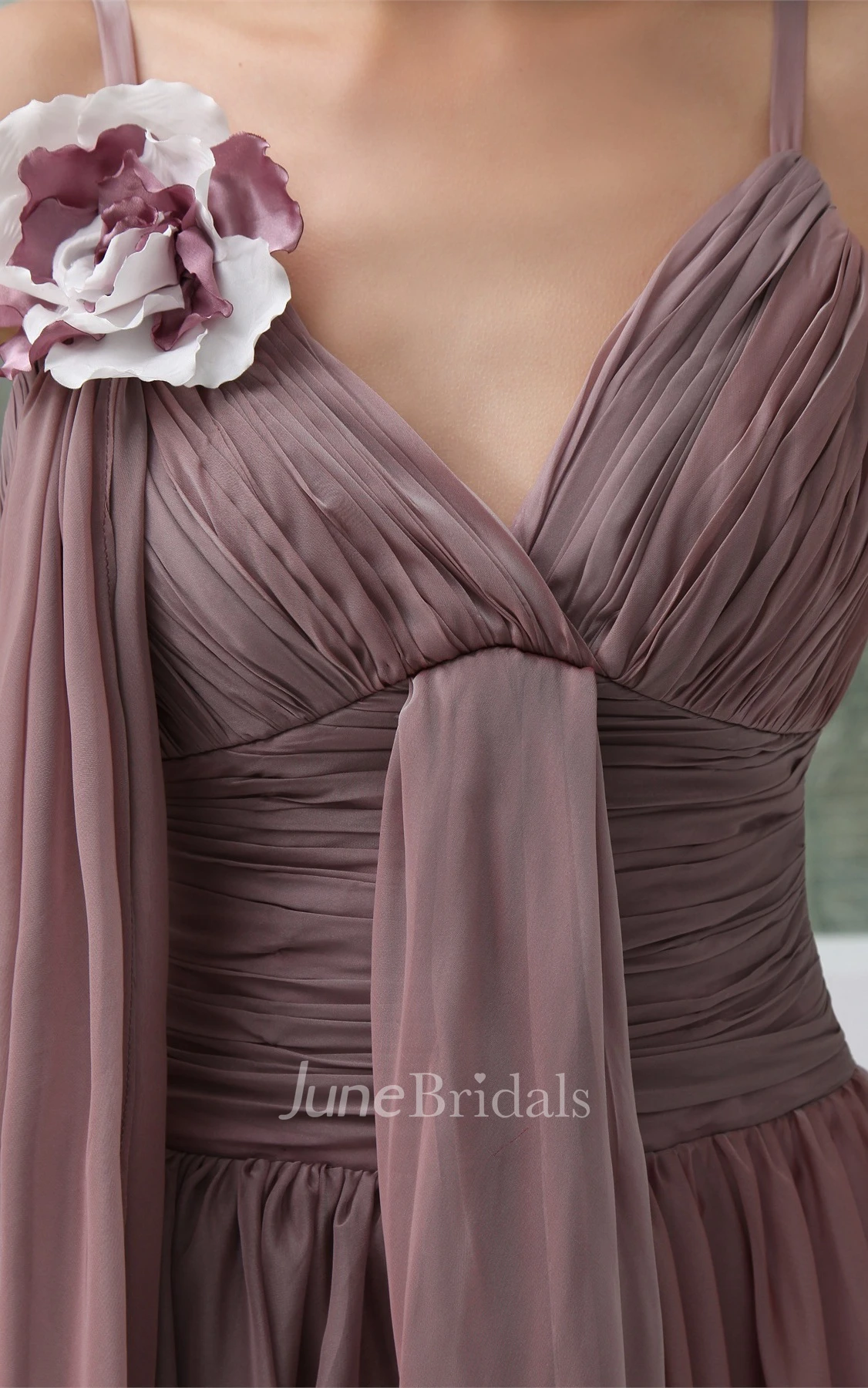 Spaghetti-Straps Side Draping Ankle-Length Ruched Gown with Ruffles and Flower