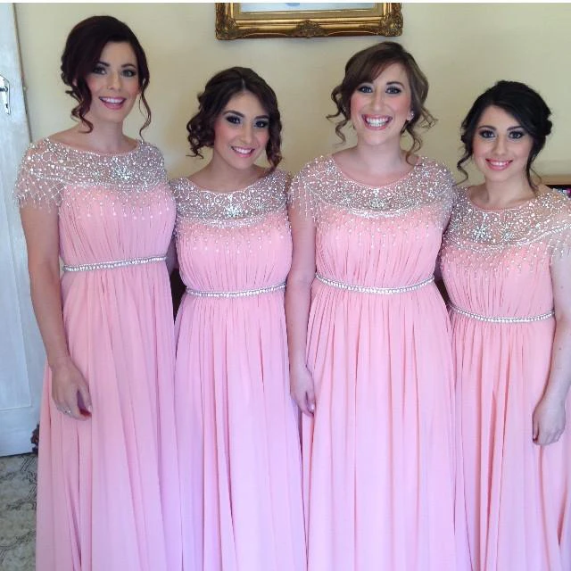 Elegant A-line Chiffon Pink Beadings Bridesmaid Dress Cap Sleeve
