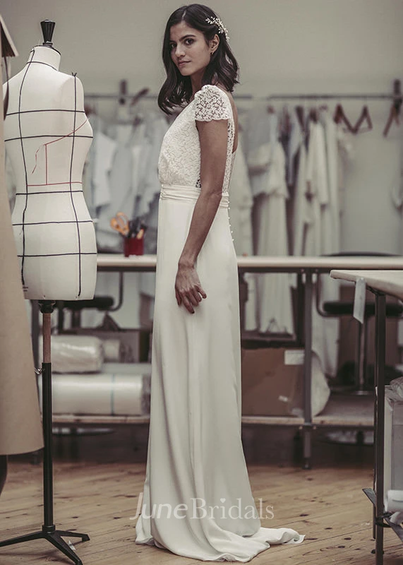 Plunging Cute Puff Sleeve Open Back Bridal Gown With Lace And Satin