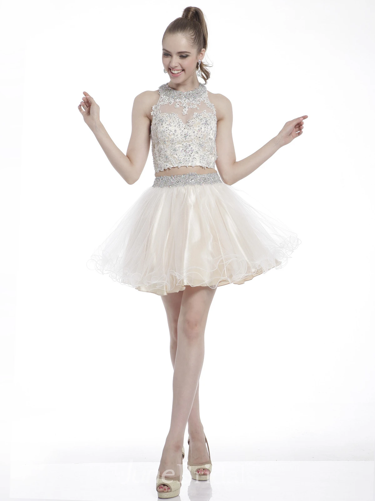 A-Line Short High Neck Sleeveless Dress With Appliques And Beading