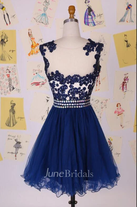 Elegant Illusion Cap Sleeve Short Cocktail Dress With Appliques Beadings