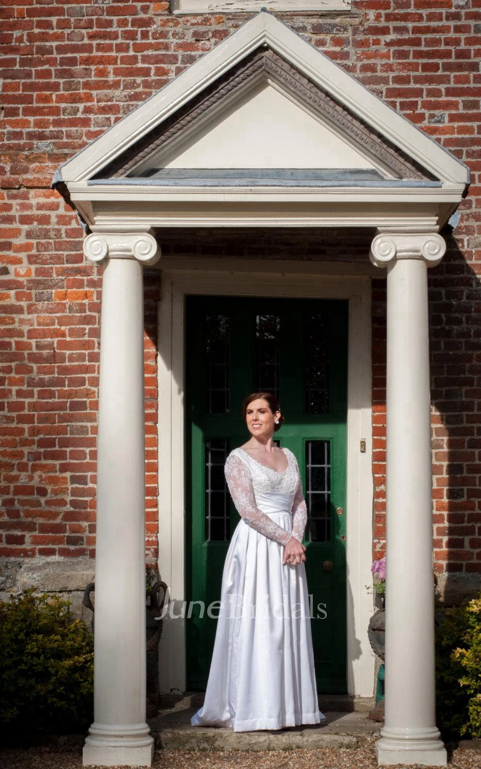 V-Neck Long Lace Sleeve A-Line Taffeta Wedding Dress