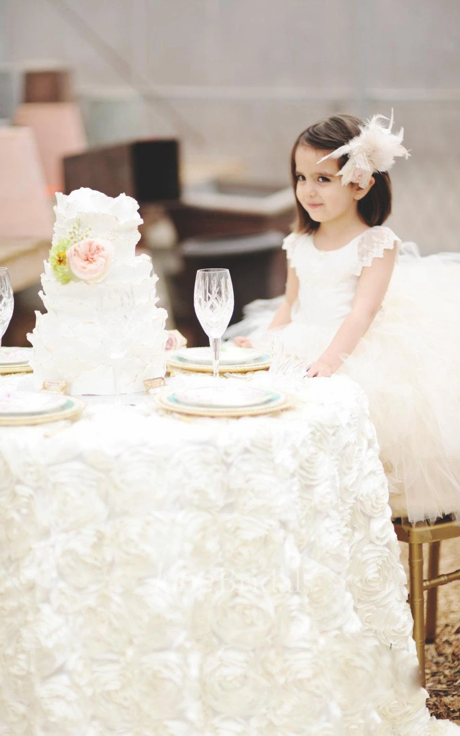 Lace Back Cap Sleeve Tulle Couture Flower Girl Dress