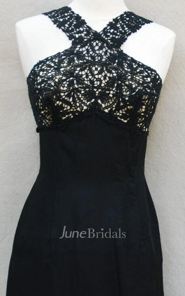 Sleeveless Form Fitted Satin Dress With Lace