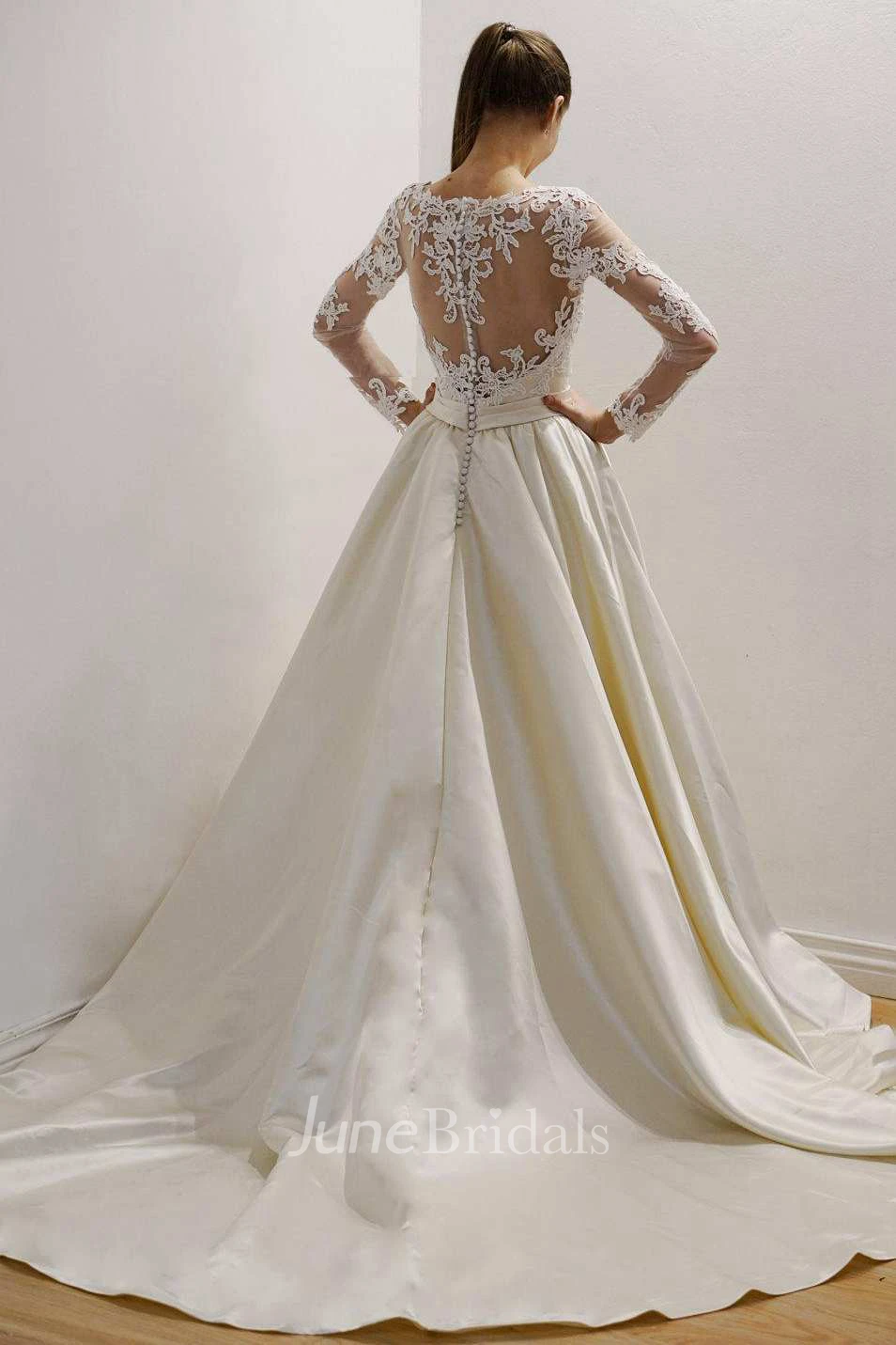 Lace  Appliques A-Line Satin Wedding Dress With Illusion And Court Train