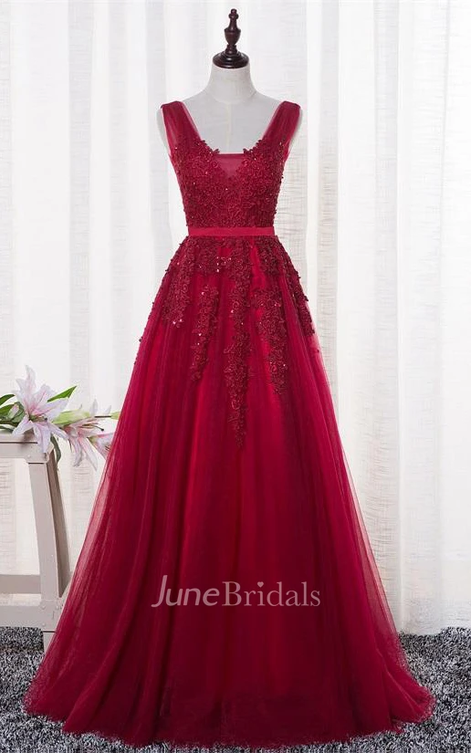 Sleeveless V-neck Long Beaded Tulle Dress