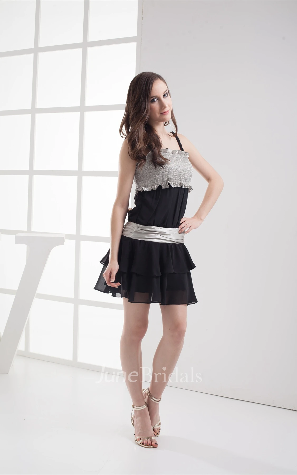 Sleeveless Spaghetti-Straps Scalloped A-Line Dress with Tulle Overlay