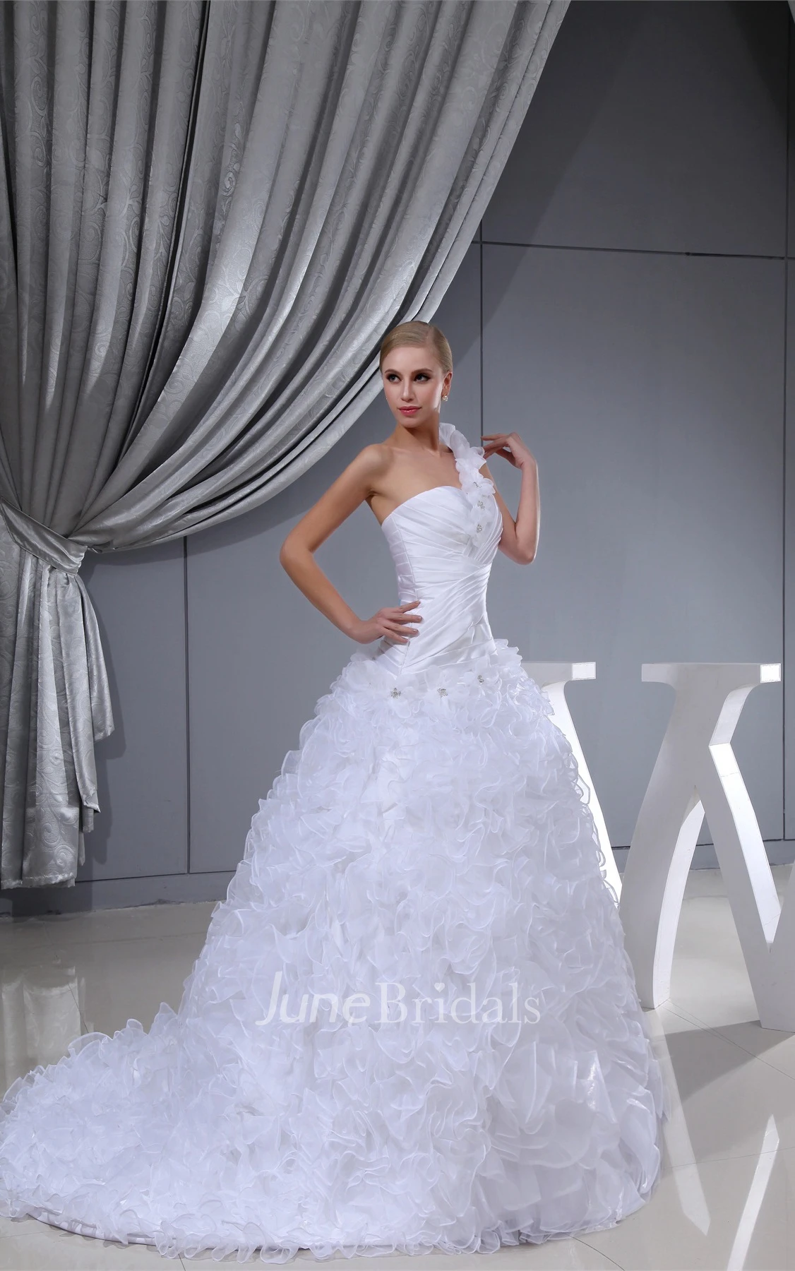 Sleeveless Ruched Ball Gown with Ruffles and Floral Strap