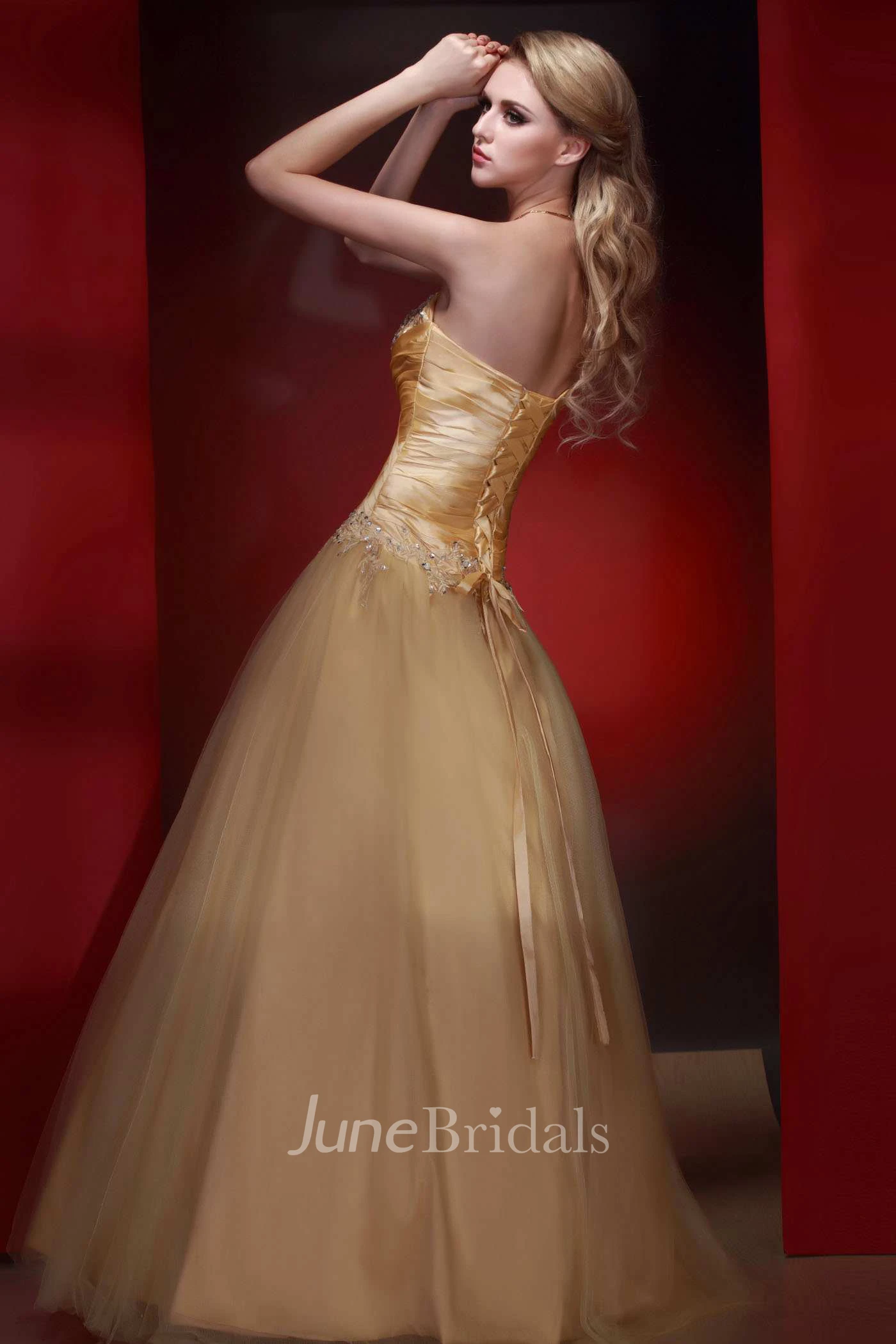 Sleeveless Ruched Beaded A-line Tulle Gown 