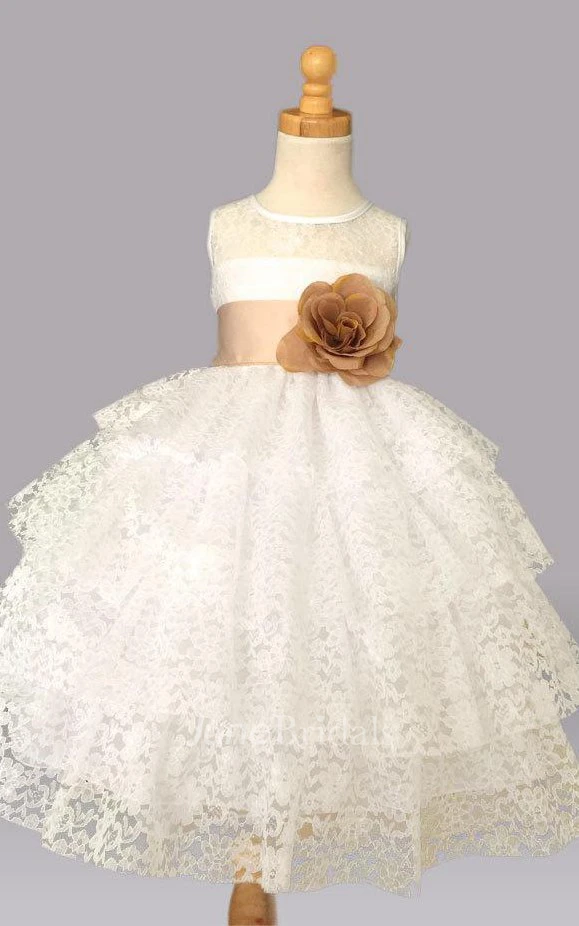 Lace Sleeveless Jewel Neck Dress With Flower&Ruffles