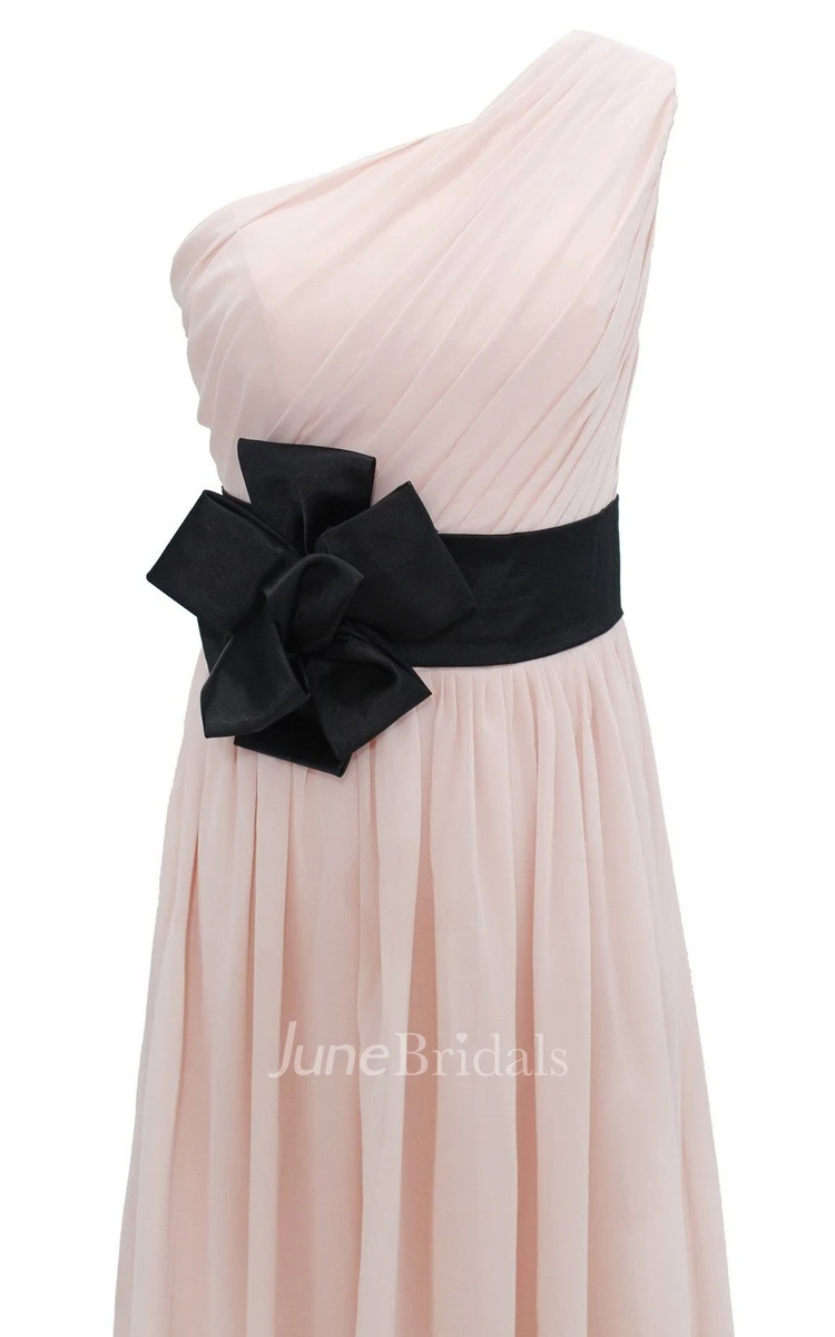 One-shoulder Pleated Chiffon A-line Gown With Floral Band