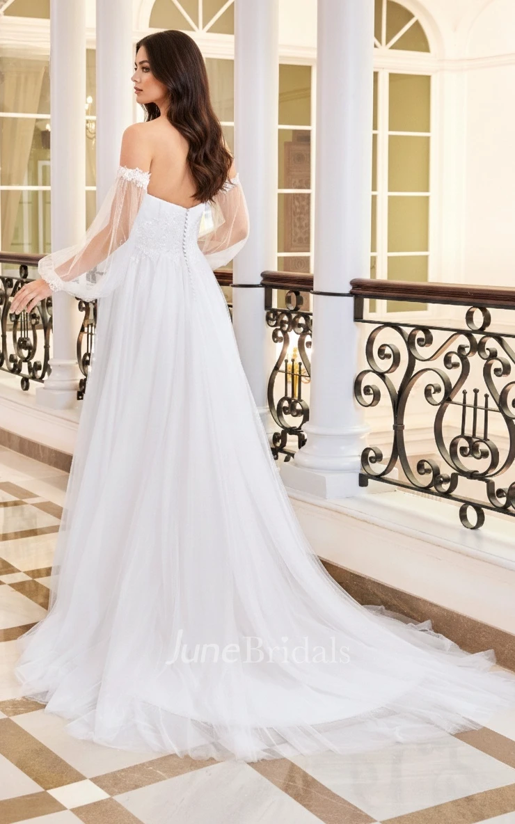 Romantic Floral A-Line Boho Lace off the Shoulder Beach Garden Spring Wedding Dress Modern Flowy Plunging Neckline Puff Sleeve Floor Length Trained Tulle Bridal Gown