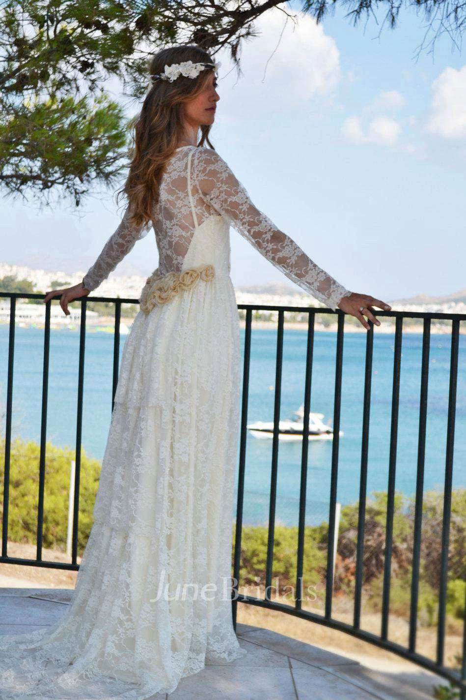 Scoop-Neck Lace Illusion Long Sleeve Wedding Dress With Pleats