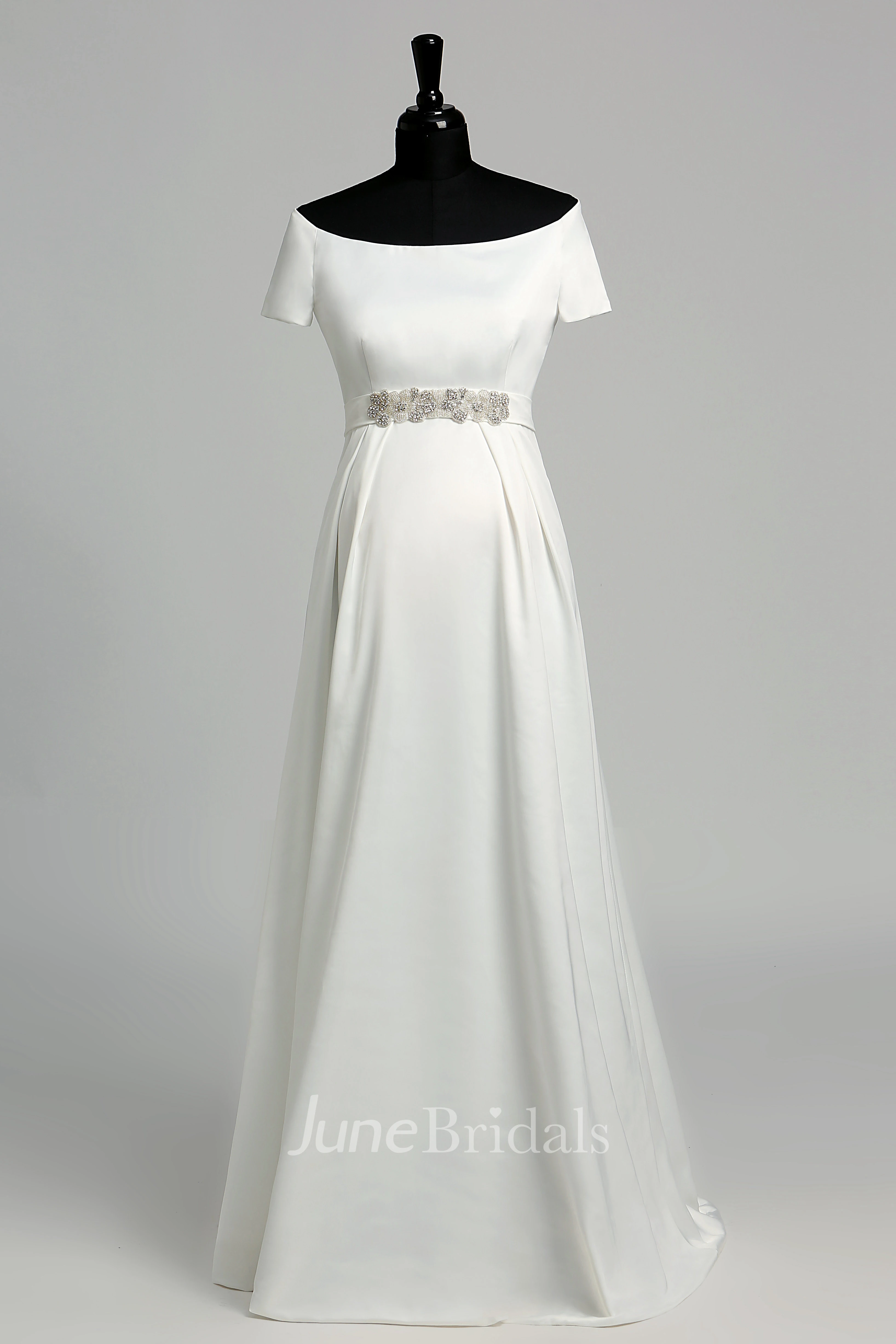 Graceful Off-the-shoulder A-line Beaded Satin Maternity Wedding Dress