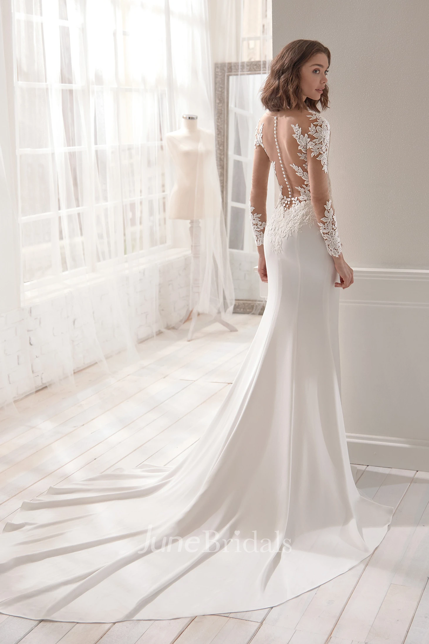Glittering Jersey V-neck Bridal Gown With Lace Appliques