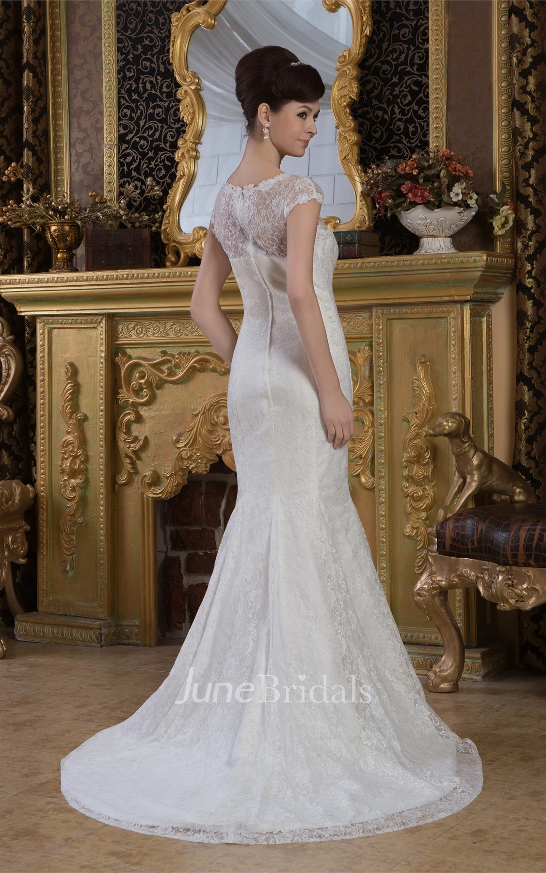 Bateau-Neck Lace Caped-Sleeve Mermaid Dress with Brush Train