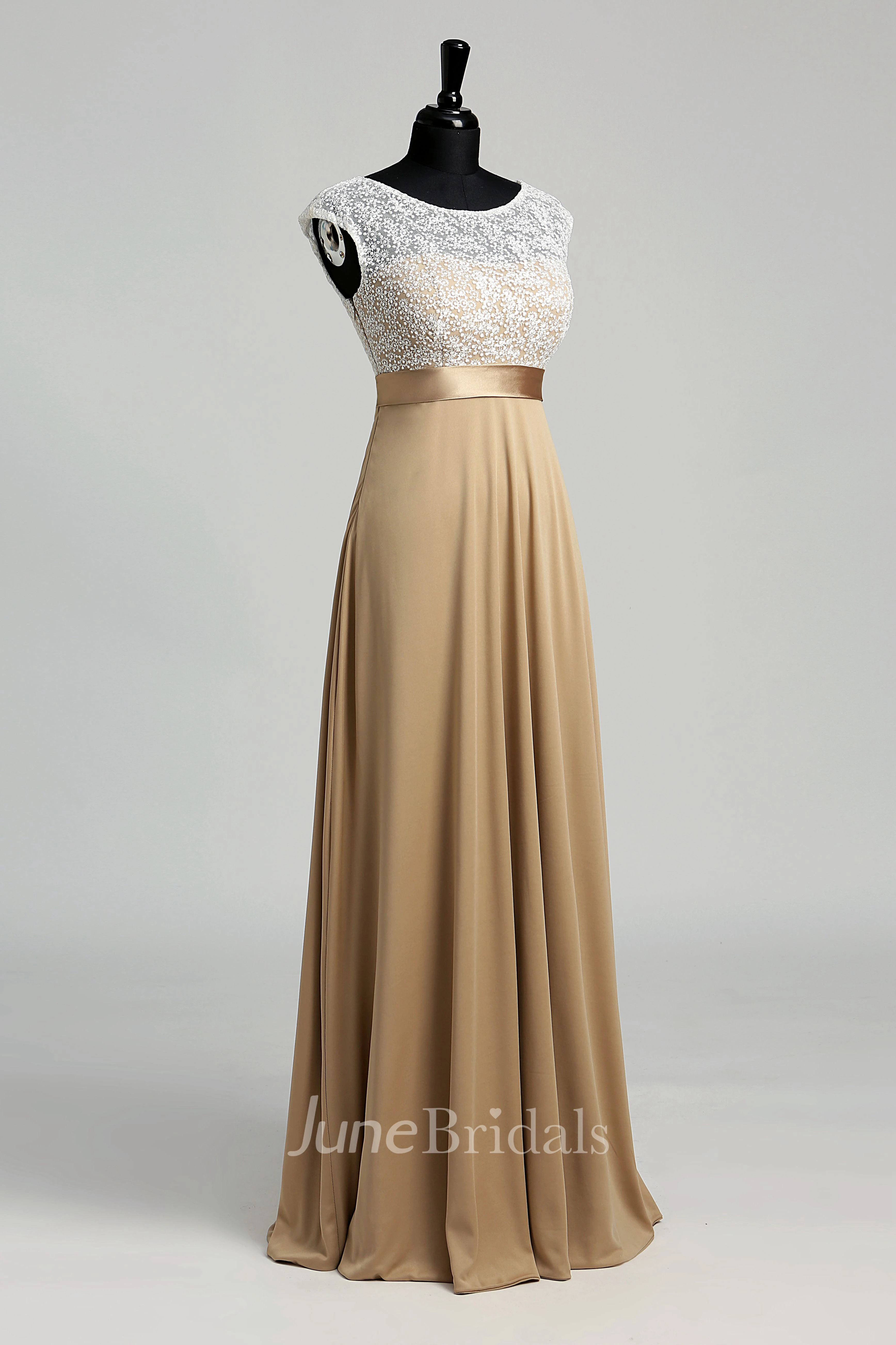 Floor-length A-line Bateau Cap Short Sleeve Illusion Jersey Lace Dress