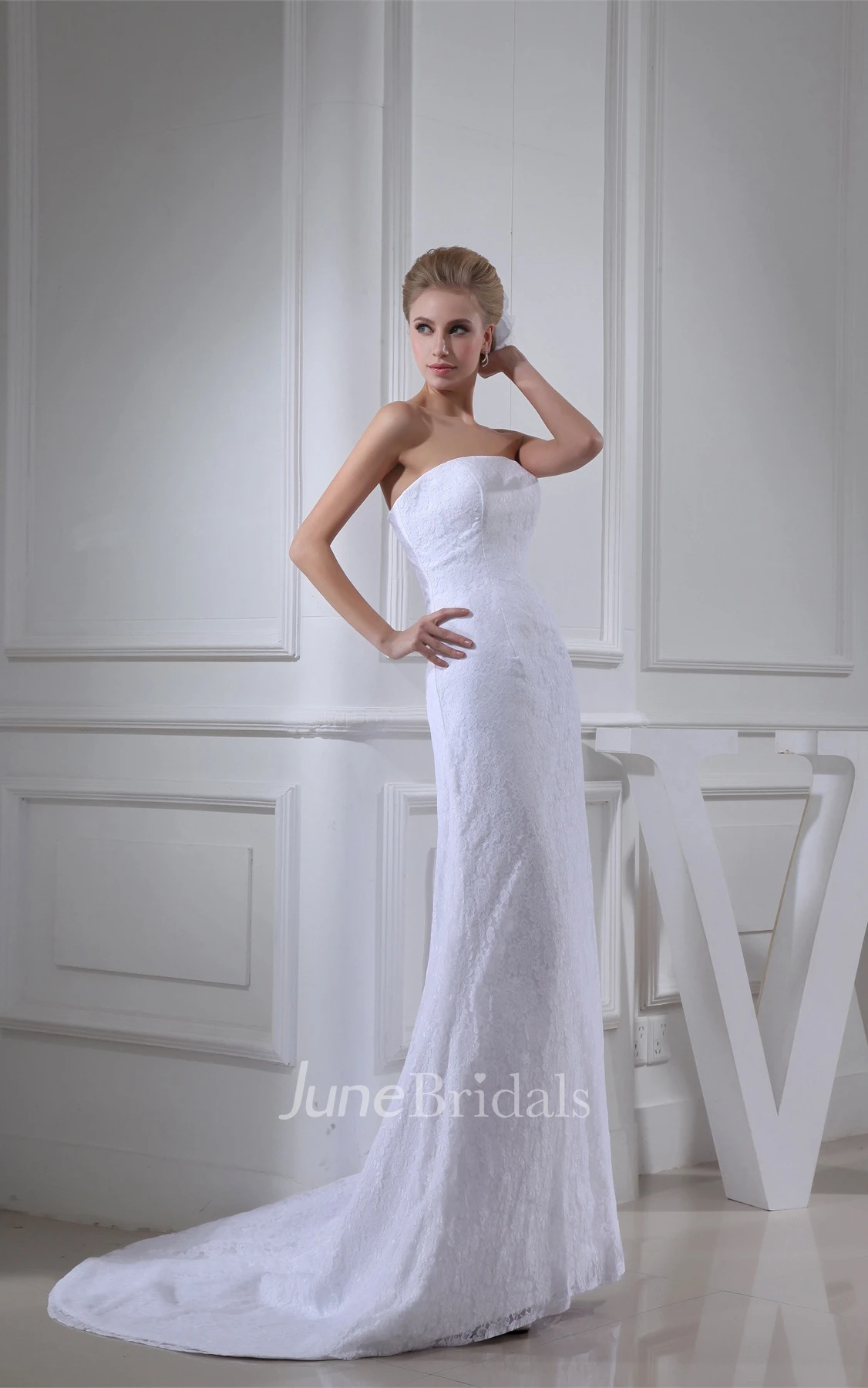 Strapless Sheath Maxi Lace Dress with Brush Train