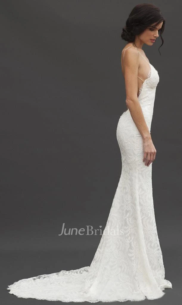 Spaghetti Straps Sleeveless Backless Lace Dress With Court Train