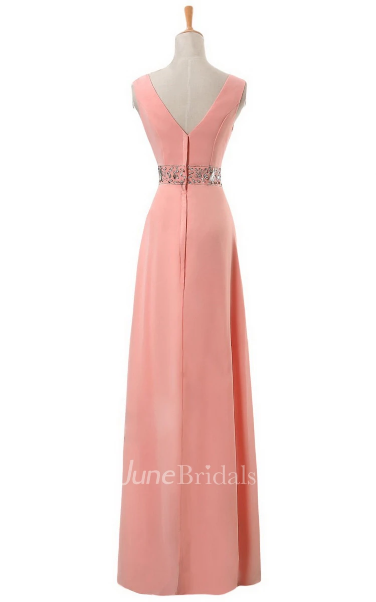 V-neck Long Empire Chiffon Dress With Rhinestones