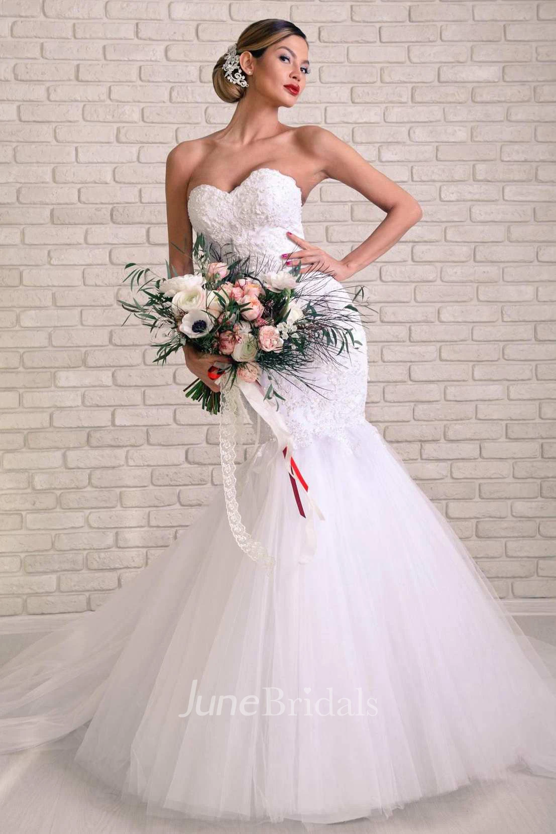 Mermaid Chiffon Tulle Satin Taffeta Beaded Lace Lace-Up Corset Back Wedding  Dress - June Bridals